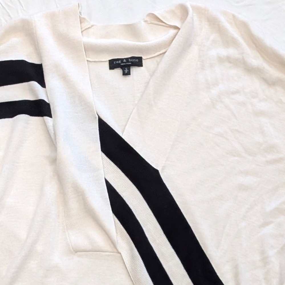 $395 Rag & Bone CrissCross Ivory Merino Wool Blend Varsity Stripe Sweater SMALL - Picture 2 of 6